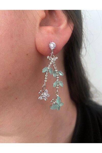 ER TAKI Gümüş Renkli Yeşil Taşlı Kelebek Model Şık Parti Nişan Kına Düğün Abiye Küpe