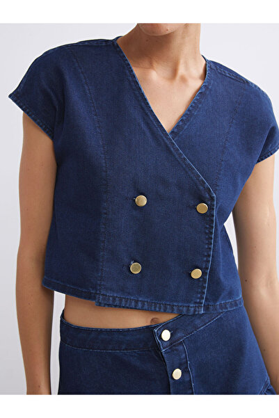 LC Waikiki Create Your Style from Uzg Store | Double-Breasted Collared Crop Women's Jean Vest