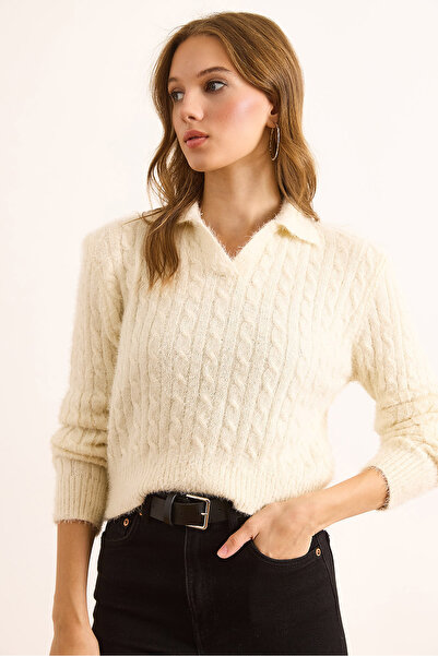 Olalook Women's Ecru Polo Neck Hair Braided Crop Beard Blouse Blz-19003094