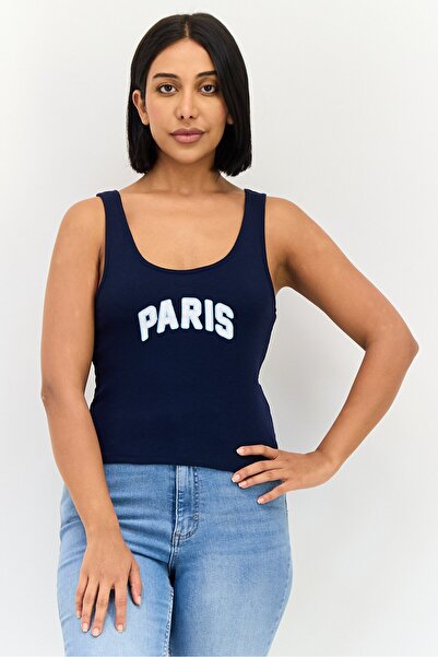 Don't Call Me Jennyfer Women U-Neck Sleeveless Graphic Print Top, Navy