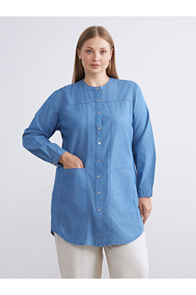 LC Waikiki New Season Deals from Güli̇s Gym Blue Hakim Collar Women's Jean Tunic