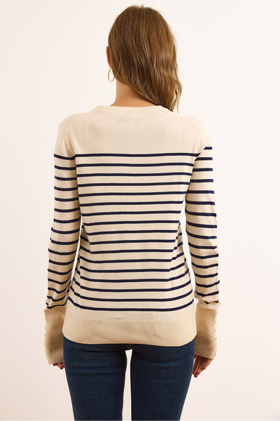 Olalook Women's Ecru Striped Viscose Knitwear Blouse with Cuff Button Detail Blz-19003102