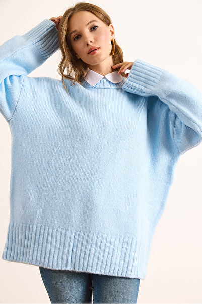 Olalook Pulover tricotat oversize pentru femei, albastru bebeluș, cu bandă groasă, cu gâtul rotund KZK-19000988