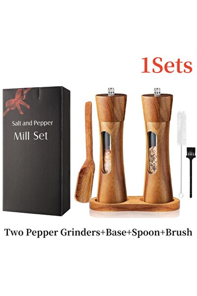 Choice 1 مجموعة مطحنة ملح وفلفل خشبية مع قاعدة، قلب سيراميك، نافذة شفافة، مطحنة فلفل يدوية