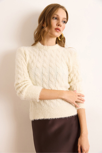 Olalook Women's Ecru Hair Braided Crop Beard Knitwear Blouse Blz-19003097