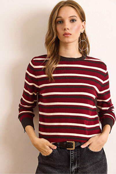 Olalook Women's Burgundy Striped Soft Textured Viscose Blend Knitwear Blouse Blz-19003096