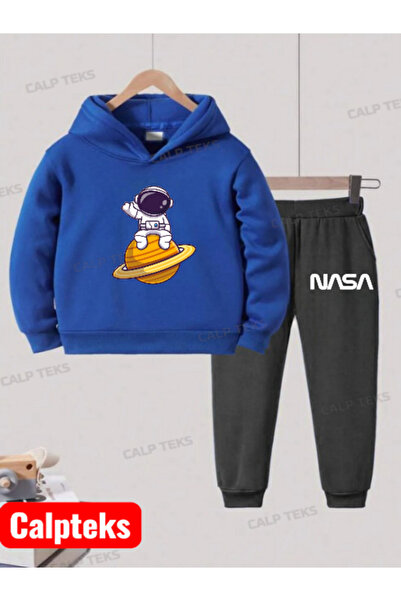 CALP TEKS SARI GEZEGENLİ ASTRONOT BASKILI KALIN PAMUKLU KAPÜŞONLU ÇOCUK EŞOFMAN TAKI((KOD-15))