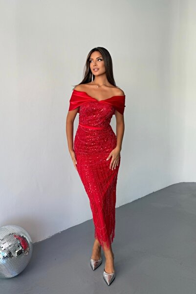 İyem Abiye Kayık Yaka Pano Desen Midi Boy Abiye Elbise Dar Kalıp