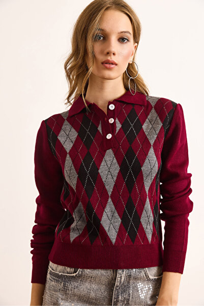 Olalook Kadın Bordo Polo Yaka Düğmeli Baklava Triko Bluz BLZ-19003095