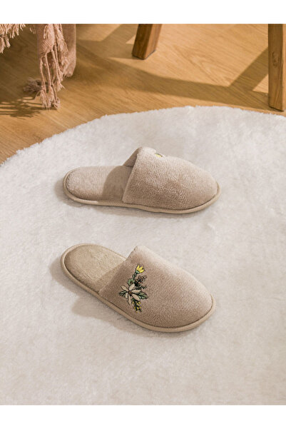 LC Waikiki Beige Floral Embroidered Women's House Slippers
