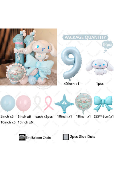 Miniso 40inch NO.9 34pcs Sanrio Cinnamoroll Foil Balloons for Birthday Party Decorations Kids Girl Birthday
