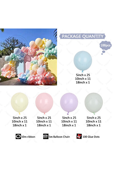 Choice أخرى 20230721F01 188 قطعة من بالونات ماكارون بألوان الباستيل ومجموعة ق...
