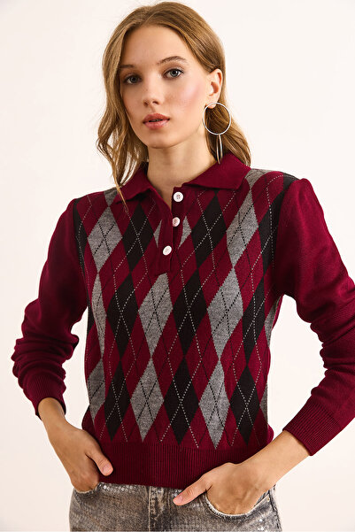 Olalook Kadın Bordo Polo Yaka Düğmeli Baklava Triko Bluz BLZ-19003095