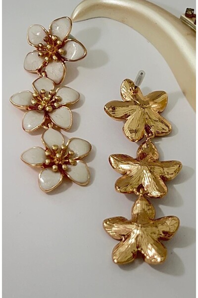 Goche Korean Style Cherry Blossom Model Triple Dangle Luxury Design Earrings - Gold Plated Evening Dress & Bridal Earrings