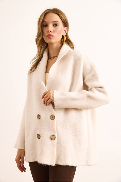 Olalook Women's Ecru Double-Breasted Collar Oversized Ribbed Knitwear Cardigan Hrk-19000381