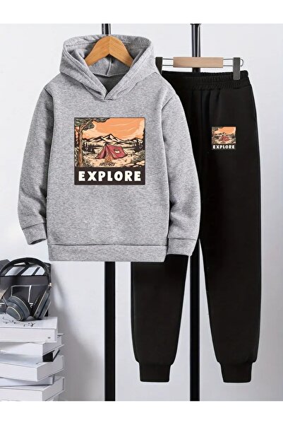 CROPSEL Children's Printed Hooded Sweatshirt and Sweatpants Set 3 Thread Raster for Autumn/Winter