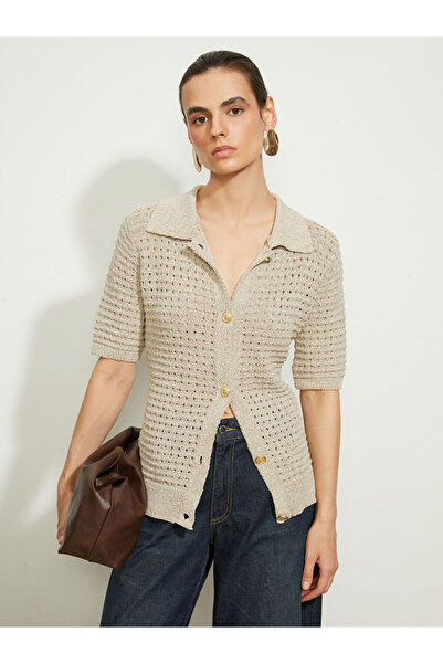 LC Waikiki Bej Polo Yaka Ajurlu Kadın Triko Yelek