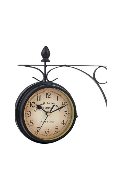 Choice ساعة حائط خارجية سوداء معلقة على الحائط ذات وجهين رجعية تعمل بالبطارية ومثبتة على حامل معدني كلاسيكي للحديقة