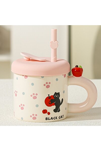 Flippy Ceramic Mug with Lid and Straw - Pink Silicone, 380 ml, Model Cute D