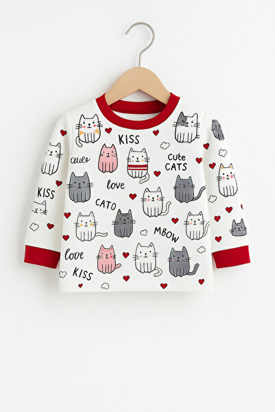 BABİDO "Bebek Uzun Kollu Pamuklu Pijama Takımı – Sevimli Kedi Desenli, Kırmızı Detaylı"