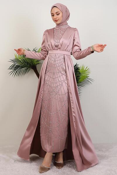 GİYZAMİLA İşlemeli Pelerinli Abiye Pudra