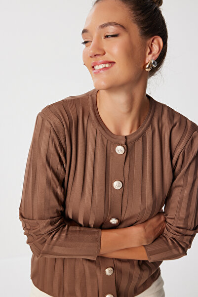 Lovelyİstanbul Gold Buttoned Mercerized Knitwear Cardigan Lnx0009 Kakao