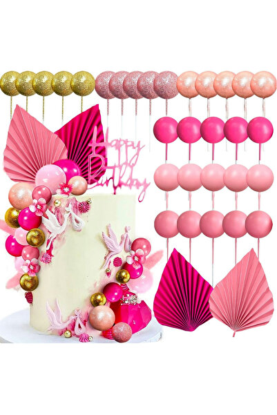 Choice 32 قطعة من الكرات الوردية الزاهية 32 قطعة من الكرات الوردية لتزيين الكعك أوراق وردية أوراق نخيل لتزيين الكعك كعكة بوهو