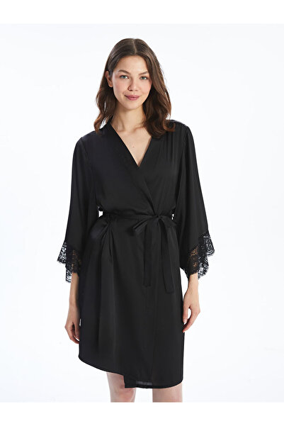 LC Waikiki Black Double-Breasted Collar Satin Women's Dressing Gown