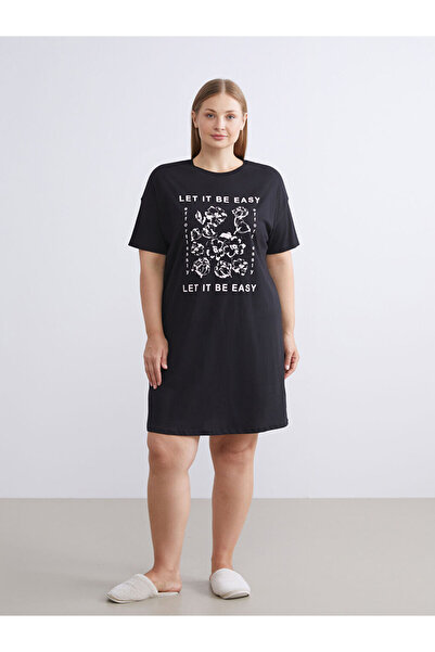 LC Waikiki Mg Trenden Black Crew Neck Printed Women's Nightgown