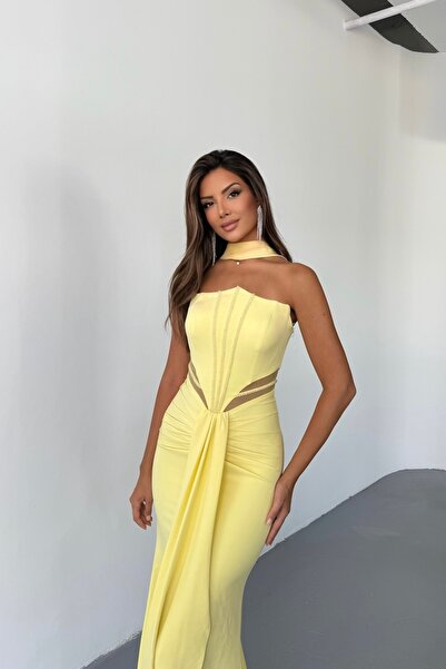 İyem Abiye Krep Şallı Bel Transparan Ve Taşlı Yırtmaçlı Abiye Elbise Dar Kalıp