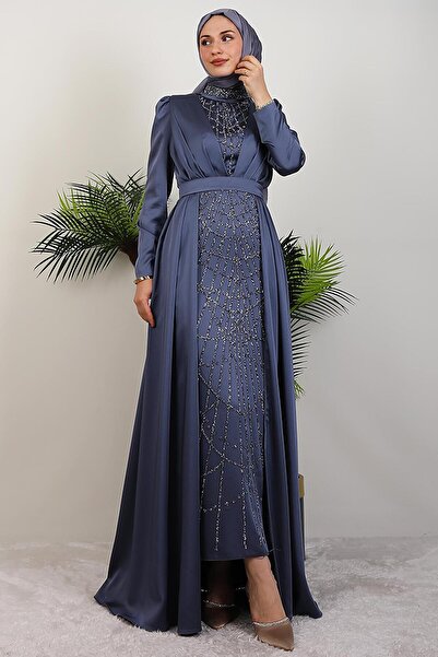 GİYZAMİLA İşlemeli Pelerinli Abiye Gri Mavi