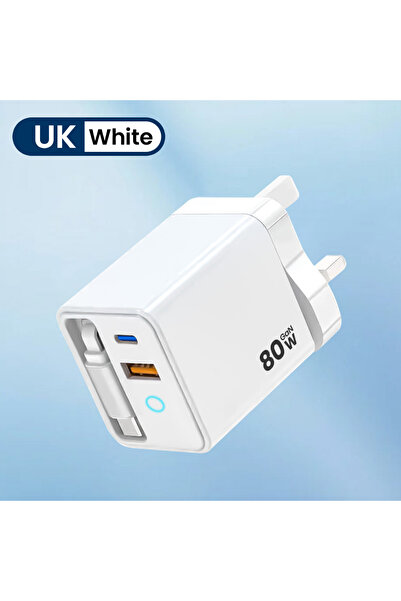 Choice شاحن USB من النوع C أبيض اللون بقوة 80 وات مع كابل قابل للسحب وشحن سري...