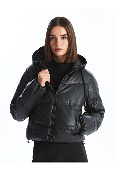 LC Waikiki Μαύρο γυναικείο πουπουλένιο παλτό με κουκούλα