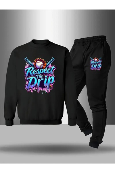 Cevval طقم سويت شيرت وبنطلون رياضي للأطفال مطبوع برقبة دائرية و3 خيوط مطوية لخريف وشتاء