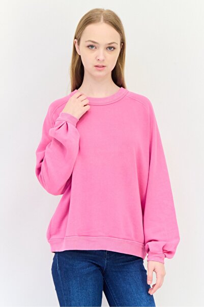 aerie Women Crew Neck Long Sleeves Plain Sweatshirt, Pink