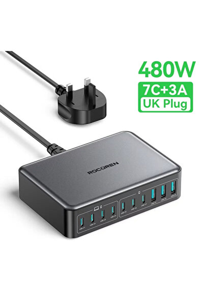 Choice شاحن Rocoren USB C بقوة 480 واط بمقبس المملكة المتحدة و10 منافذ من الن...