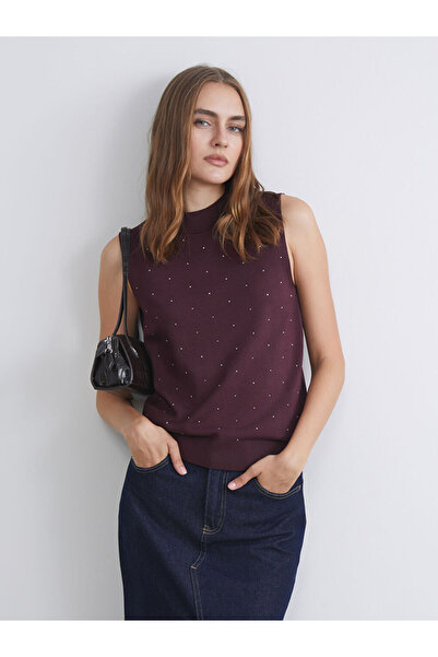 LC Waikiki MG TREND'EN LCW WAIKIKI Bordo Bisiklet Yaka Taşlı Kadın Triko Atlet