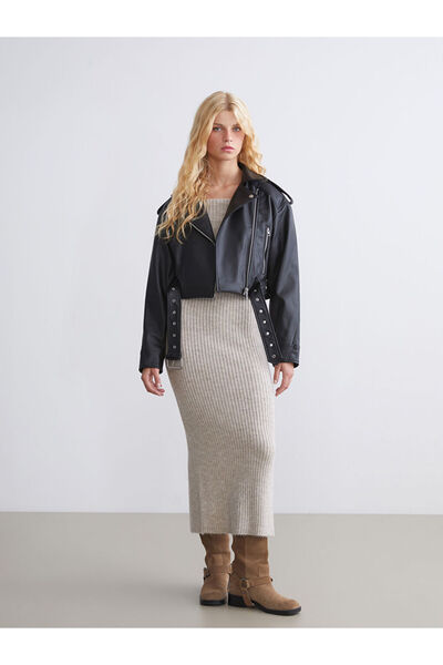 LC Waikiki Блестящи селекции от Shining Store | Дамско яке с кожана яка в стил мотоциклетист