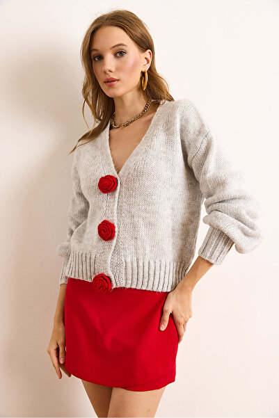 Olalook Women's Gray Soft Textured Knitwear Cardigan with Rose Accessories Hrk-19000379