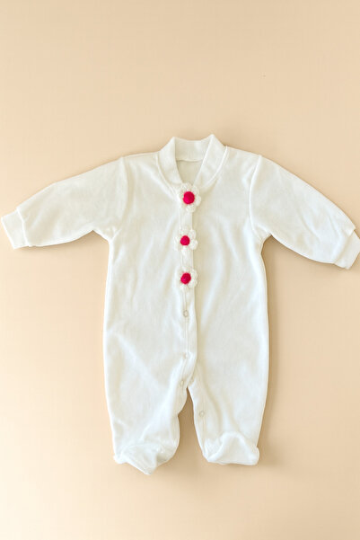 Bond and Bestie Velvet Jumpsuit 2 Piece Newborn Romper & Hat Long Sleeve Daisy Detailed Velvet Outfit 0-3 Months