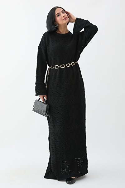 InStyle Patterned Openwork Black Knitwear Dress