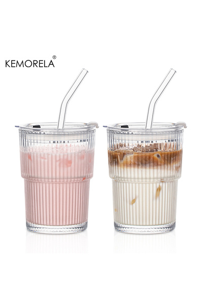 Choice1 450ml 2PCS 1/2PCS 450ml Stripe Glass Cup Transparent Glass Drinking Cups With Lid and Straw Ice Coff