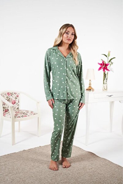 Estiva Women's Winter Front Buttoned Heart Patterned Suede Pajama Set