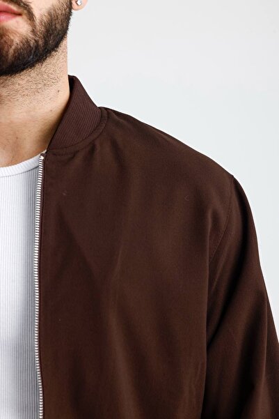 İLKCET MODA V-Neck Zippered Brown Oversize Seasonal Jacket