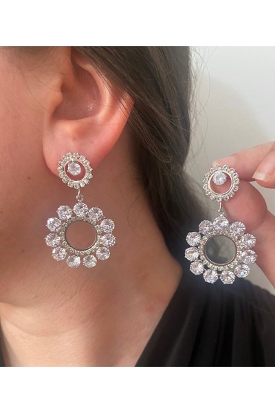 ER TAKI Stoned Silver Colored Round Dangle Stylish Party Engagement Henna Wedding Wedding Evening Dress Earrings