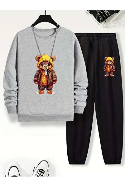 SVART WEAR Children's Printed Crew Neck Sweatshirt and Sweatpants Set 3 Thread Raster for Autumn/Winter