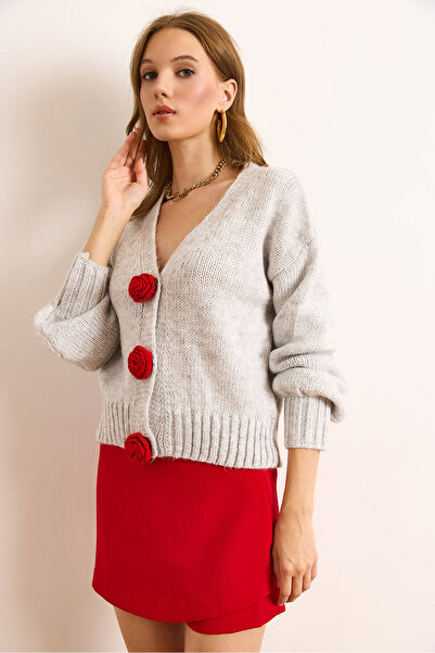 Olalook Women's Gray Soft Textured Knitwear Cardigan with Rose Accessories Hrk-19000379