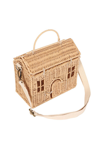 Choice Handwoven Rattan Bag House Shape Portable Handle Adjustable Strap Ratt...
