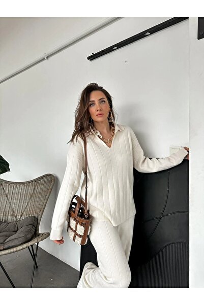 Lovely butik Women's Wide Ribbed Polo Collar Top and Bottom Double Knitwear Set