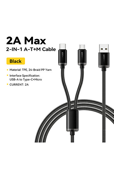 essager كابل USB نوع C أسود بطول 1.2 متر، كابل مايكرو USB 2 في 1، سلك شحن سري...
